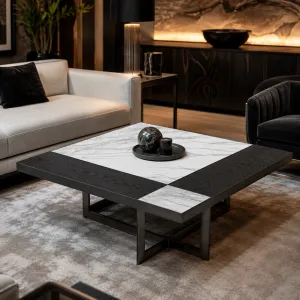 Luxury Black and White Marble Square Coffee Table with Metal Base - Luxury Coffee Table Lifestyle View by Luxury Group International