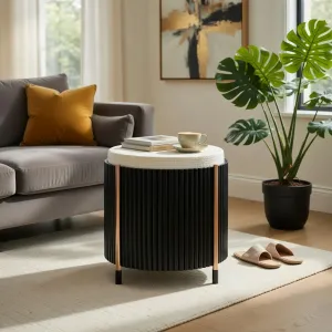 Luxury Black Fluted Stool with Ivory Upholstered Seat and Metal Accents Lifestyle View by Luxury Group International