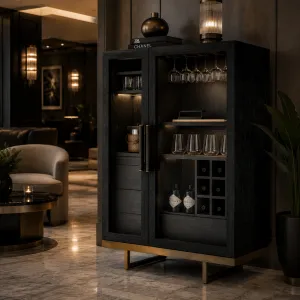 Luxus Schwarzer Glastür-Bar-Schrank mit Metallbasis – Luxus Hotelmöbel Lifestyle-Ansicht von Luxury Group International