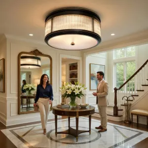 Luxury Black & Gold Flush Mount Ceiling Light with Ribbed Glass Design Lifestyle View by Luxury Group International