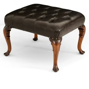 Luxus Barocker Hocker aus schwarzem Leder mit gesteppter Polsterung & geschnitzten Holzbeinen - Luxus Hocker Vorderansicht von Luxury Group International