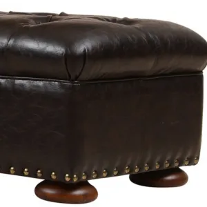 Luxus Barocker Hocker aus schwarzem Leder mit gesteppter Polsterung & genietetem Holzsockel – Luxus Hocker Detailansicht von Luxury Group International