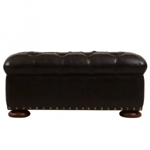 Luxus Barocker Hocker aus schwarzem Leder mit gesteppter Polsterung & genietetem Holzsockel – Luxus Hocker Vorderansicht von Luxury Group International