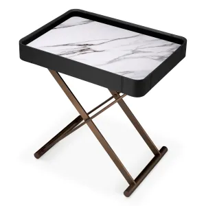 Luxury Black Leather Tray Bar Side Table with Sintered Stone Top - Luxury Bar Furniture Front View by Luxury Group International