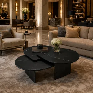 Luxury Black Marble Nesting Coffee Table Set of 3 with Sculptural Bases - Luxury Hotel Furniture Lifestyle View by Luxury Group International