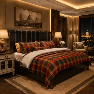 Luxus Schwarzes Metallbett mit Messingbeschichtung und markantem Kopfteil – Luxusbett Lifestyle-Ansicht von Luxury Group International