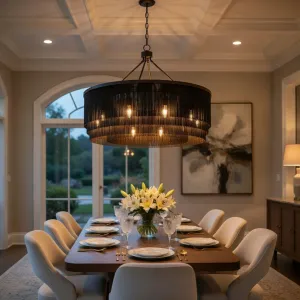 Luxury Black Metal Mesh Drum Chandelier with Industrial Elegance Lifestyle View by Luxury Group International
