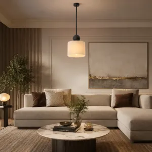 Luxury Black Pendant Lamp with Frosted Opal Glass Shade Lifestyle View by Luxury Group International