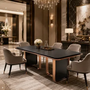 Tavolo da Pranzo Rettangolare di Lusso Nero e Oro Rosa - Tavolo da Pranzo di Lusso - Arredamento di Lusso per Hotel Vista lifestyle di Luxury Group International