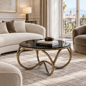 Luxury Black Round Coffee Table with Sculptural Golden Rope Frame – 72 cm - Luxury Hotel Furniure Lifestyle View by Luxury Group International