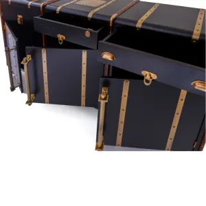 Luxus Schwarzes Aufbewahrungs-Sideboard mit genieteten Messingriemen & rollbarem Gestell – 3 Schubladen & Schränke Detailansicht von Luxury Group International