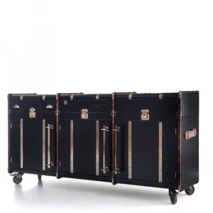 Luxus Schwarzes Aufbewahrungs-Sideboard mit genieteten Messingriemen & rollbarem Gestell – 3 Schubladen & Schränke Vorderansicht von Luxury Group International