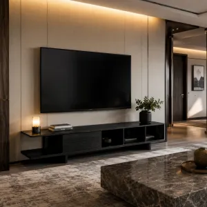 Luxus Schwarzes TV-Möbel mit Offenen Regalen & Zwei Schubladen – Luxus Hotelmöbel Lifestyle-Ansicht von Luxury Group International