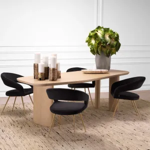 Black Velvet Dining Chair with Curved Backrest and Golden Metal Legs - Luxury Hotel Furniture Lifestyle View by Luxury Group International