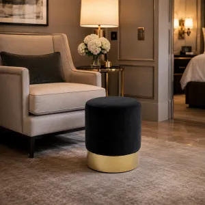 Luxury Black Velvet Round Stool with Gold Metal Base - Luxury Stool - Luxury Hotel Furniture Lifestyle View by Luxury Group International
