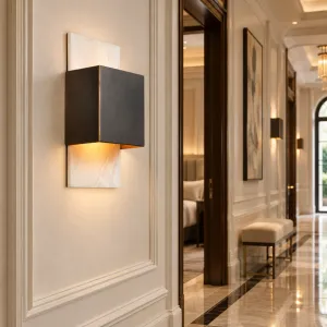 Luxury Black Wall Lamp with White Stone Backplate & Geometric Shade – 36 cm - Luxury Hotel Furniture Lifestyle View by Luxury Group International