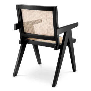 Poltrona da Pranzo di Lusso in Legno Nero e Canna Naturale con Schienale Intrecciato - Mobili di Lusso per Hotel Vista posteriore di Luxury Group International