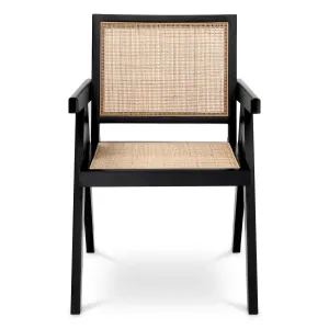 Poltrona da Pranzo di Lusso in Legno Nero e Canna Naturale con Schienale Intrecciato - Mobili di Lusso per Hotel Vista frontale di Luxury Group International