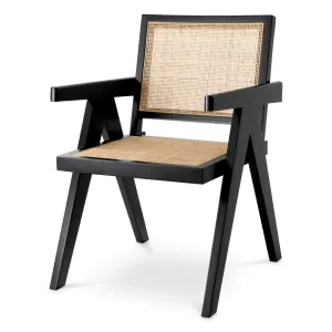 Poltrona da Pranzo di Lusso in Legno Nero e Canna Naturale con Schienale Intrecciato - Mobili di Lusso per Hotel Vista frontale di Luxury Group International