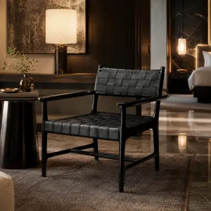 Luxury Black Woven Leather Armchair with Solid Wood Frame - Luxury Hotel Furniture Lifestyle View by Luxury Group International