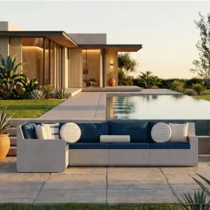 Sofá de Exterior en Forma de L de Concreto Azul de Lujo con Tapicería de Tela - Muebles Modernos Vista lifestyle por Luxury Group International