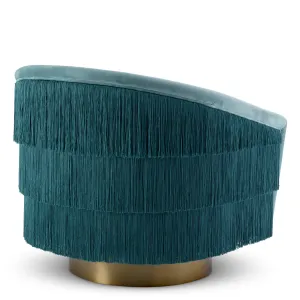 Luxuriöser Sessel aus blauem Samt mit Fransenverzierung und goldenem Fuß – 84 cm – Luxus-Hotelmöbel Rückansicht von Luxury Group International