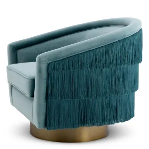 Luxuriöser Sessel aus blauem Samt mit Fransenverzierung und goldenem Fuß – 84 cm – Luxus-Hotelmöbel Seitenansicht von Luxury Group International