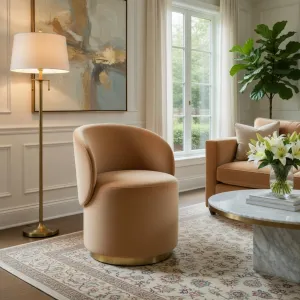 Luxus Samt-Fauteuil mit gebogener Rückenlehne und goldener Basis in Blush Beige Lifestyle-Ansicht von Luxury Group International
