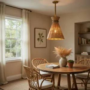 Luxury Woven Rattan Cone Pendant Light – Natural Fiber Ceiling Lamp for Modern & Boho Interiors Lifestyle View by Luxury Group International