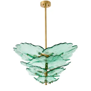 Lampada da Soffitto di Lusso con Foglie in Vetro Verde Botanico e Struttura in Ottone Spazzolato Vista frontale di Luxury Group International