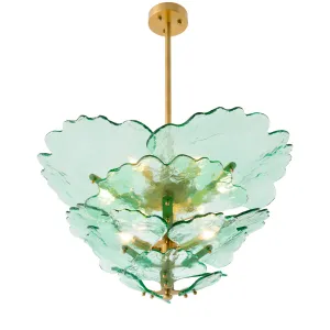 Lampada da Soffitto di Lusso con Foglie in Vetro Verde Botanico e Struttura in Ottone Spazzolato Vista frontale di Luxury Group International