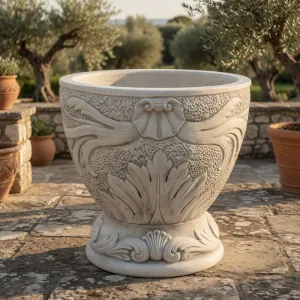 Macetero de Jardín con Relieve Botánico de Lujo y Detalles de Volutas de Acanto - Maceteros de Lujo Vista lifestyle por Luxury Group International