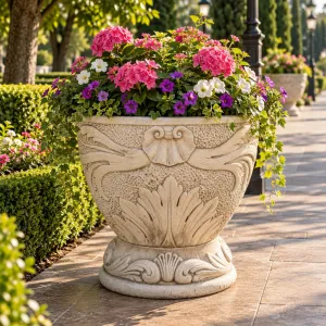Macetero de Jardín con Relieve Botánico de Lujo y Detalles de Volutas de Acanto - Maceteros de Lujo Vista lifestyle por Luxury Group International