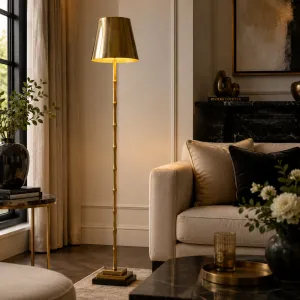 Luxury Brass Bamboo Floor Lamp with Metal Shade and Black Base Lifestyle View by Luxury Group International
