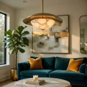 Lampada a Sospensione a Cupola in Ottone di Lusso con Diffusore in Alabastro Naturale per Interni Moderni Vista lifestyle di Luxury Group International