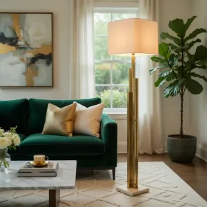 Lámpara de Pie de Latón de Lujo con Estructura Geométrica y Pantalla de Tela Vista lifestyle por Luxury Group International