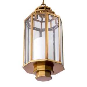 Lampada a Sospensione Lanterna in Ottone di Lusso con Pannelli in Vetro Trasparente Vista frontale di Luxury Group International