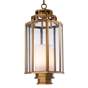 Lampada a Sospensione Lanterna in Ottone di Lusso con Pannelli in Vetro Trasparente Vista frontale di Luxury Group International