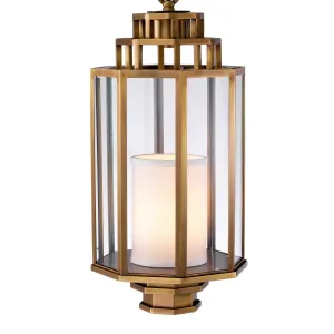 Lampada a Sospensione Lanterna in Ottone di Lusso con Pannelli in Vetro Trasparente Vista frontale di Luxury Group International