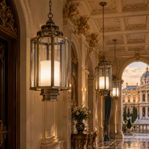 Lampada a Sospensione Lanterna in Ottone di Lusso con Pannelli in Vetro Trasparente Vista lifestyle di Luxury Group International