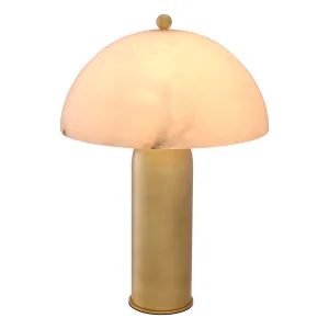 Luxury Brass Table Lamp with Glowing Alabaster Dome Shade Front View by Luxury Group International