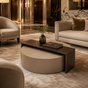 Luxury Bronze Brown Sculptura Roundl Coffee Table with Geometric Frame - Luxury Coffee Table Lifestyle View by Luxury Group International