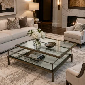 Luxury Bronze Glass Coffee Table with Double-Tier Metal Frame - Luxury Coffee table Lifestyle View by Luxury Group International
