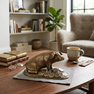 Luxury Bronze Pig Sculpture in a Sitting Pose with Decorative Coin Base - Luxury Bronze Figure Lifestyle View by Luxury Group International