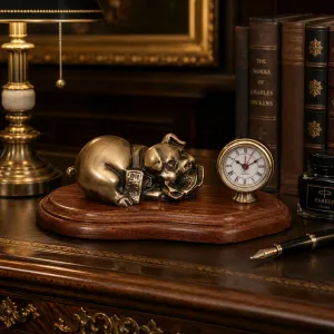 Luxury Bronze Pig Sculpture with Roman Numeral Clock on Wooden Base - Luxury Bronze Figure Lifestyle View by Luxury Group International
