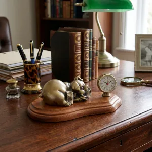 Luxury Bronze Pig Sculpture with Roman Numeral Clock on Wooden Base - Luxury Bronze Figure Lifestyle View by Luxury Group International