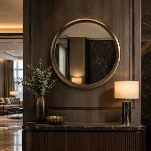 Miroir Mural Rond en Bronze de Luxe avec Cadre Biseauté - Miroir Mural de Luxe - Mobilier d'Hôtel de Luxe Vue lifestyle par Luxury Group International