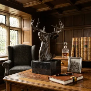 Sculpture de tête de cerf en bronze de luxe Vue lifestyle par Luxury Group International