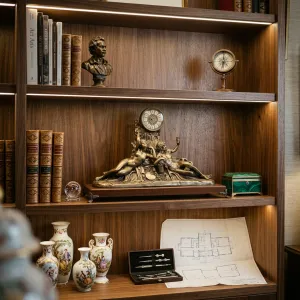 Luxus-Bronze-Tischuhr mit Adam- und Eva-Barockskulptur auf Holzsockel Lifestyle-Ansicht von Luxury Group International