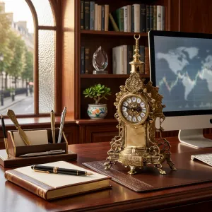 Luxus-Bronze-Tischuhr mit barockem Arabesken-Wappen und Mondsichel-Aufsatz Lifestyle-Ansicht von Luxury Group International